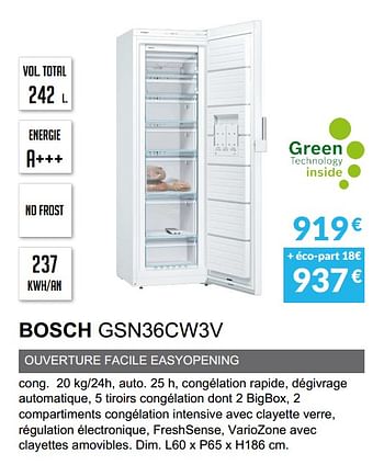 Promoties Congèlateur armoire bosch gsn36cw3v - Bosch - Geldig van 03/06/2019 tot 30/09/2019 bij Copra