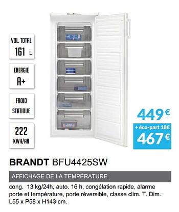 Promotions Congèlateur armoire brandt bfu4425sw - Brandt - Valide de 03/06/2019 à 30/09/2019 chez Copra