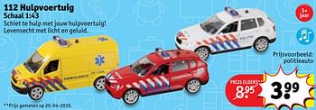 Promoties 112 hulpvoertuig schaal 1:43 politieauto - Huismerk - Kruidvat - Geldig van 11/06/2019 tot 16/06/2019 bij Kruidvat