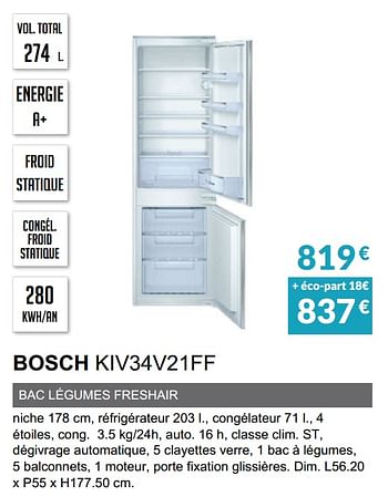 Promotions Rèfrigèrateur intègrable bosch kiv34v21ff - Bosch - Valide de 03/06/2019 à 30/09/2019 chez Copra
