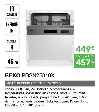 Promoties Lave-vaisselle intègrable bandeau beko pdsn25310x - Beko - Geldig van 03/06/2019 tot 30/09/2019 bij Copra