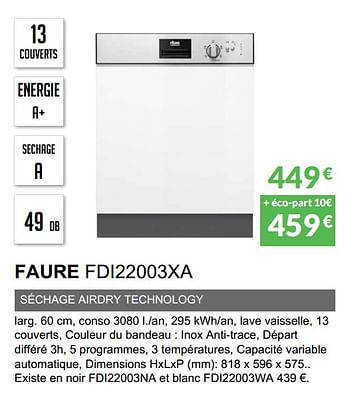 Promoties Lave-vaisselle intègrable bandeau faure fdi22003xa - Faure - Geldig van 03/06/2019 tot 30/09/2019 bij Copra