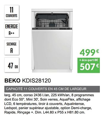 Promoties Lave-vaisselle tout intègrable beko kdis28120 - Beko - Geldig van 03/06/2019 tot 30/09/2019 bij Copra