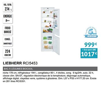 Promoties Rèfrigèrateur intègrable liebherr rci5453 - Liebherr - Geldig van 03/06/2019 tot 30/09/2019 bij Copra