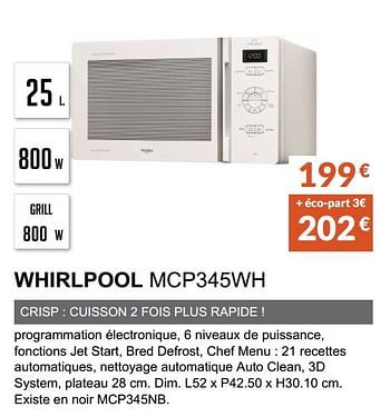 Promotions Micro-ondes gril whirlpool mcp345wh - Whirlpool - Valide de 03/06/2019 à 30/09/2019 chez Copra