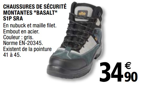 Promotions Chaussures de sécurité montantes basalt s1p sra - Site - Valide de 01/04/2019 à 31/12/2019 chez Brico Depot