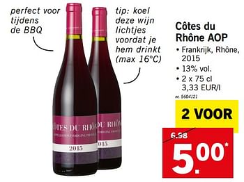 Promotions Côtes du rhône aop - Vins rouges - Valide de 17/06/2019 à 22/06/2019 chez Lidl