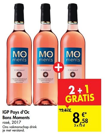 Promoties Igp pays d`oc bons moments rosé, 2017 - Rosé wijnen - Geldig van 06/06/2019 tot 01/07/2019 bij Carrefour