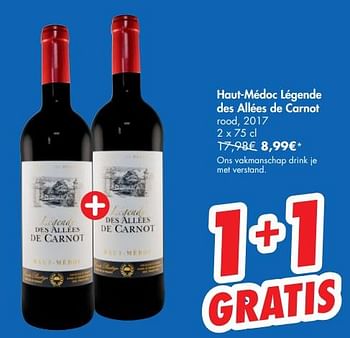 Promoties Haut-médoc légende des allées de carnot rood, 2017 - Rode wijnen - Geldig van 12/06/2019 tot 15/06/2019 bij Carrefour