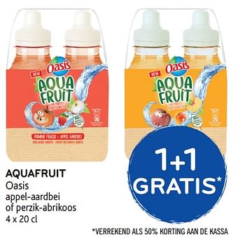 Promoties 1+1 gratis aquafruit oasis appel-aardbei of perzik-abrikoos - Oasis - Geldig van 19/06/2019 tot 02/07/2019 bij Alvo