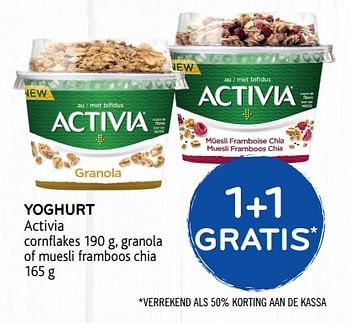 Promotions 1+1 gratis yoghurt activia cornflakes, granola of muesli framboos chia - Danone - Valide de 19/06/2019 à 02/07/2019 chez Alvo