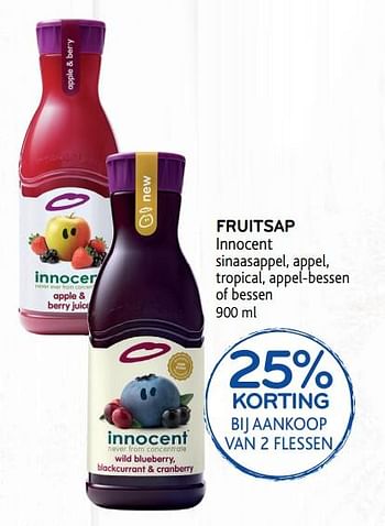 Promoties 25% korting bij aankoop van 2 flessen fruitsap innocent - Innocent - Geldig van 19/06/2019 tot 02/07/2019 bij Alvo