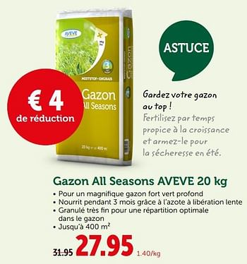 Promotions Gazon all seasons aveve - Produit maison - Aveve - Valide de 19/06/2019 à 29/06/2019 chez Aveve