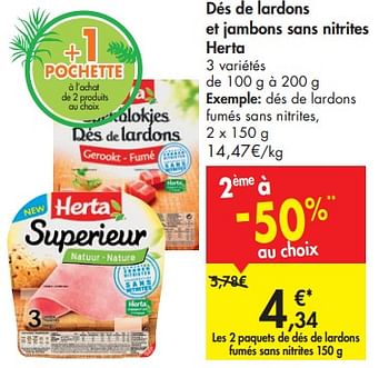 Promotions Dés de lardons et jambons sans nitrites herta - Herta - Valide de 12/06/2019 à 24/06/2019 chez Carrefour