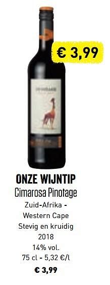 Promoties Onze wijntip cimarosa pinotage zuid-afrika - western cape stevig en kruidig 2018 - Rode wijnen - Geldig van 10/06/2019 tot 21/09/2019 bij Lidl