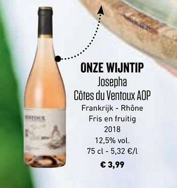 Promoties Onze wijntip josepha côtes du ventoux aop frankrijk - rhône fris en fruitig 2018 - Rosé wijnen - Geldig van 10/06/2019 tot 21/09/2019 bij Lidl