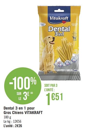 Promotions Dental 3 en 1 pour gros chiens vitakraft - Vitakraft - Valide de 11/06/2019 à 23/06/2019 chez Géant Casino