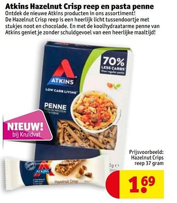 Promoties Atkins hazelnut crisp reep en pasta penne hazelnut crips reep 37 gram - Atkins - Geldig van 24/04/2019 tot 29/09/2019 bij Kruidvat
