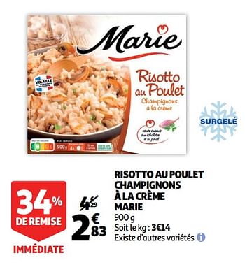 Promotions Risotto au poulet champignons à la crème marie - Marie - Valide de 19/06/2019 à 25/06/2019 chez Auchan Ronq