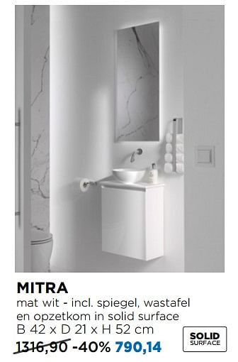 Promotions Mitra mat wit - incl. spiegel, wastafel en opzetkom in solid surface - Balmani - Valide de 24/06/2019 à 31/07/2019 chez X2O