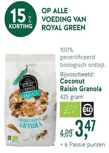 Promoties Coconut raisin granola - Royal Green - Geldig van 17/06/2019 tot 14/07/2019 bij Holland & Barret
