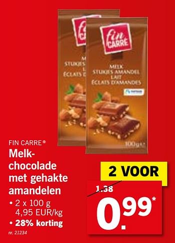 Promoties Melkchocolade met gehakte amandelen - Fin Carré - Geldig van 24/06/2019 tot 29/06/2019 bij Lidl