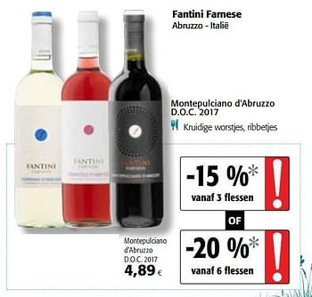Promotions Fantini farnese montepulciano d`abruzzo d.o.c. 2017 - Vins rouges - Valide de 19/06/2019 à 02/07/2019 chez Colruyt