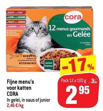 Promoties Fijne menu`s voor katten cora in gelei, in saus of junior - Huismerk - Match - Geldig van 26/06/2019 tot 02/07/2019 bij Match