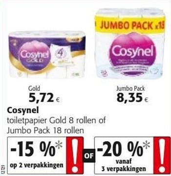 Promotions Cosynel toiletpapier gold 8 rollen of jumbo pack 18 rollen - Cosynel - Valide de 19/06/2019 à 02/07/2019 chez Colruyt