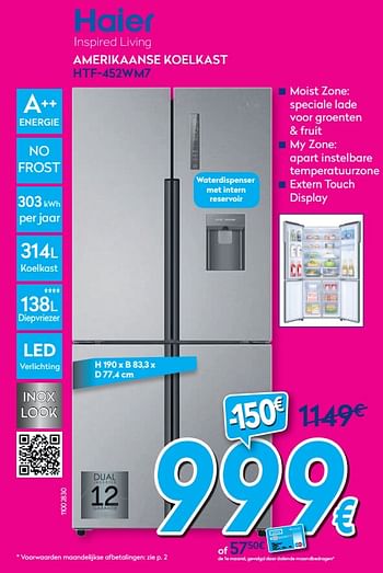 Promotions Haier amerikaanse koelkast htf-452wm7 - Haier - Valide de 01/07/2019 à 31/07/2019 chez Krefel