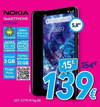 Promoties Nokia smartphone 5.1 plus - Nokia - Geldig van 01/07/2019 tot 31/07/2019 bij Krefel