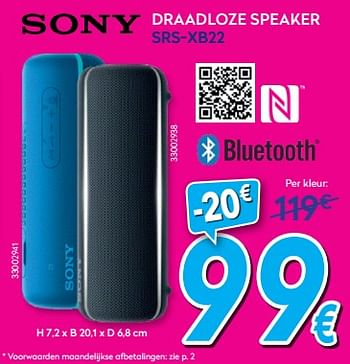 Promoties Sony draadloze speaker srs-xb22 - Sony - Geldig van 01/07/2019 tot 31/07/2019 bij Krefel