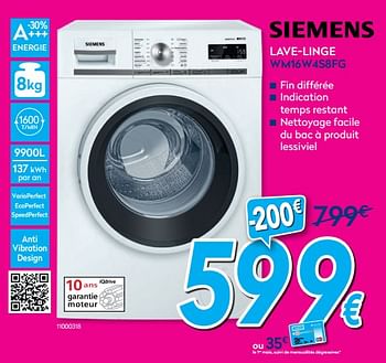 Promotions Siemens lave-linge wm16w4s8fg - Siemens - Valide de 01/07/2019 à 31/07/2019 chez Krefel