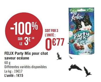 Promotions Felix party mix pour chat saveur océane - Felix - Valide de 25/06/2019 à 07/07/2019 chez Géant Casino