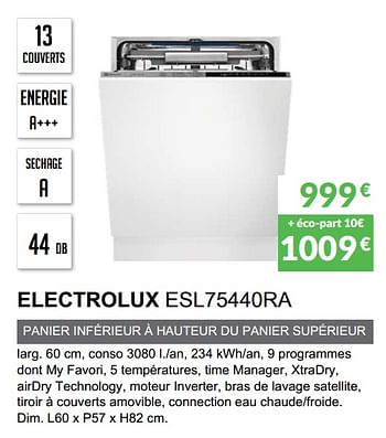 Promotions Lave-vaisselle tout intègrable electrolux esl75440ra - Electrolux - Valide de 03/06/2019 à 30/09/2019 chez Copra
