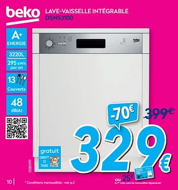 Promotions Beko lave-vaisselle intégrable dsn53100 - Beko - Valide de 01/07/2019 à 31/07/2019 chez Krefel