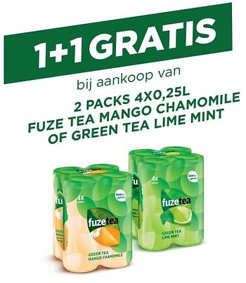 Promoties 1+1 gratis bij aankoop van fuze tea mango chamomile of green tea lime mint - FuzeTea - Geldig van 03/07/2019 tot 16/07/2019 bij Alvo