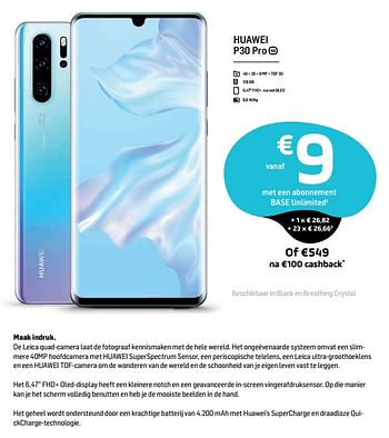 Promotions Huawei p30 pro - Huawei - Valide de 26/06/2019 à 31/07/2019 chez Base