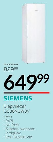 Promoties Siemens diepvriezer gs36nuw3v - Siemens - Geldig van 01/07/2019 tot 31/07/2019 bij Selexion