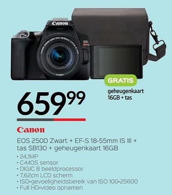 Promoties Canon eos 250d zwart + ef-s 18-55mm is iii + tas sb130 + geheugenkaart 16gb - Canon - Geldig van 01/07/2019 tot 31/07/2019 bij Selexion