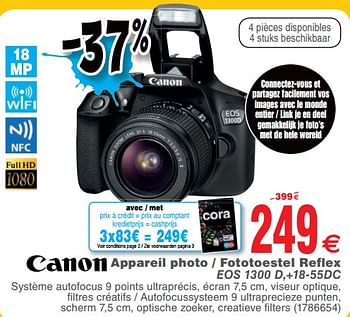 Promoties Canon appareil photo - fototoestel reflex eos 1300 d,+18-55dc - Canon - Geldig van 02/07/2019 tot 31/07/2019 bij Cora