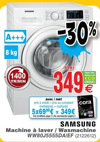 Promoties Samsung machine à laver - wasmachine ww80j5555da-ef - Samsung - Geldig van 02/07/2019 tot 31/07/2019 bij Cora