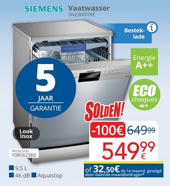 Promoties Siemens vaatwasser sn236i01ke - Siemens - Geldig van 01/07/2019 tot 31/07/2019 bij Eldi