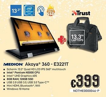Promotions Medion akoya 360 - e3221t +laptoptas - Medion - Valide de 01/07/2019 à 15/08/2019 chez Compudeals