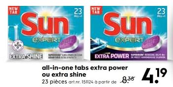 Promotions All-in-one tabs extra power ou extra shine - Sun - Valide de 01/07/2019 à 31/07/2019 chez Blokker