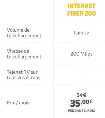 Promotions Internet fiber 200 - Produit Maison - Telenet - Valide de 01/07/2019 à 05/08/2019 chez Telenet