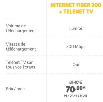 Promotions Nternet fiber 200 + telenet tv - Produit Maison - Telenet - Valide de 01/07/2019 à 05/08/2019 chez Telenet
