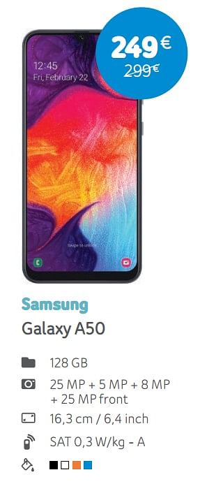 Promotions Samsung galaxy a50 - Samsung - Valide de 01/07/2019 à 05/08/2019 chez Telenet