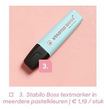 Promoties Stabilo boss textmarker in meerdere pastelkleuren - Stabilo - Geldig van 03/07/2019 tot 08/09/2019 bij Ava