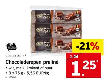 Promoties Chocoladerepen praliné - Coeur D'Or - Geldig van 15/07/2019 tot 20/07/2019 bij Lidl